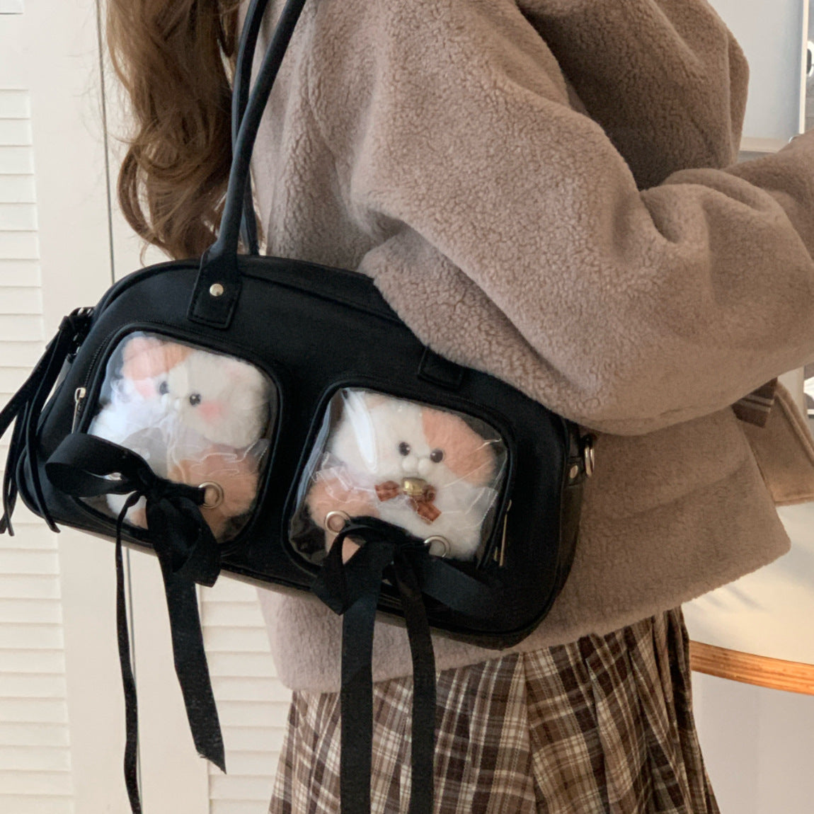 College-style 2D ribbon bow transparent doll pain bag large capacity versatile shoulder bag